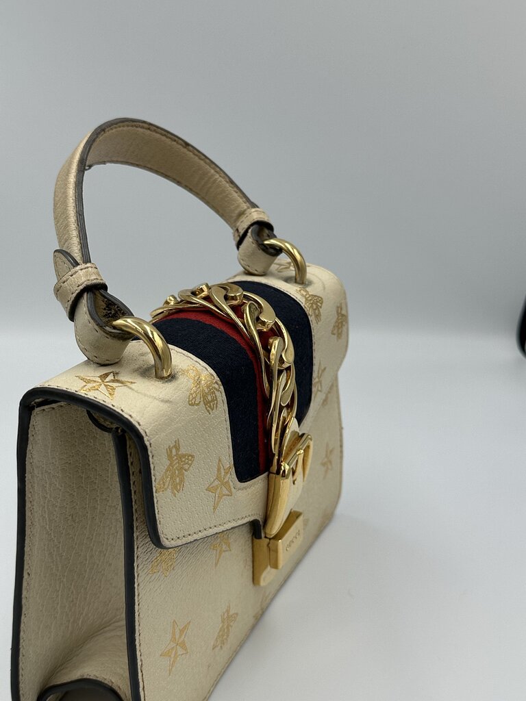 Gucci Sylvie Bee Star Cream Leather Top Handle Bag w/ Strap