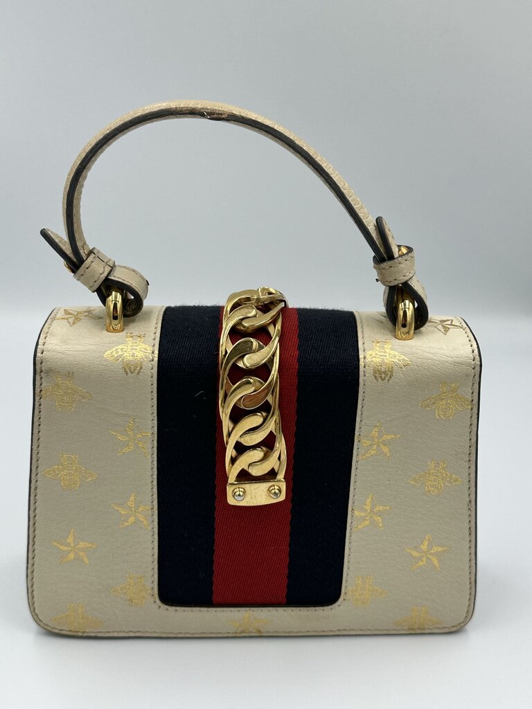 Gucci Sylvie Bee Star Cream Leather Top Handle Bag w/ Strap