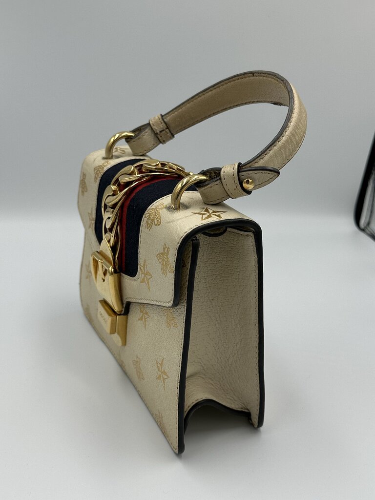 Gucci Sylvie Bee Star Cream Leather Top Handle Bag w/ Strap