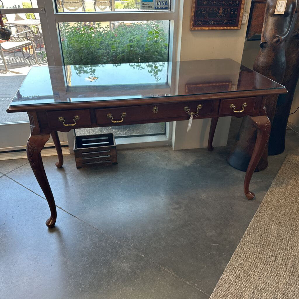 Cherry Wood 3 Drawer Writing Desk W/ Glass- 55.5X29X31H
