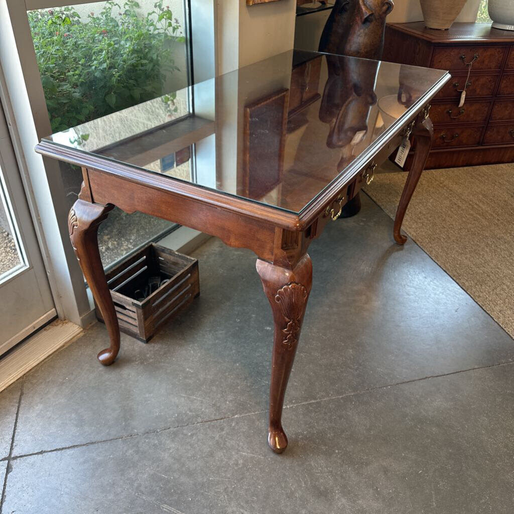 Cherry Wood 3 Drawer Writing Desk W/ Glass- 55.5X29X31H