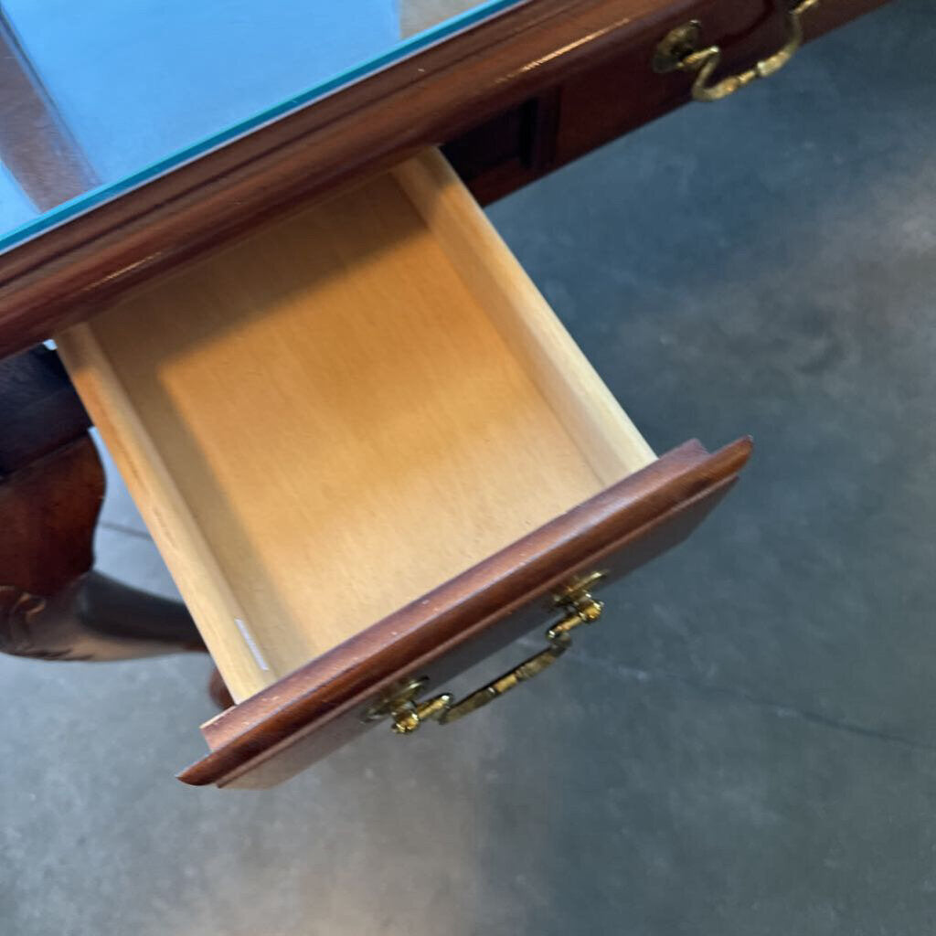 Cherry Wood 3 Drawer Writing Desk W/ Glass- 55.5X29X31H