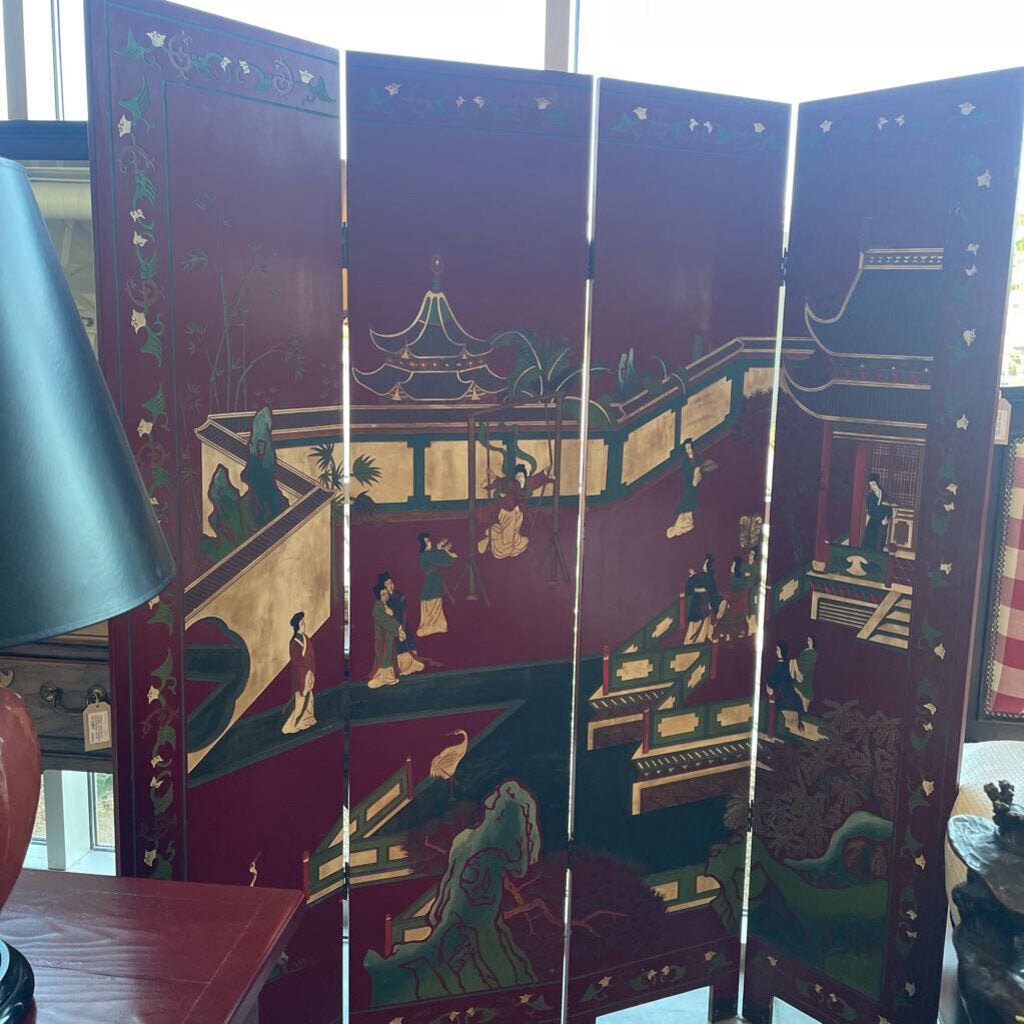 Red Asian Two Sided Carved Wood Screen - 64X1X72H