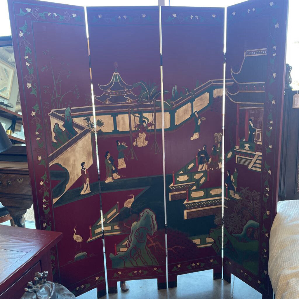 Red Asian Two Sided Carved Wood Screen - 64X1X72H