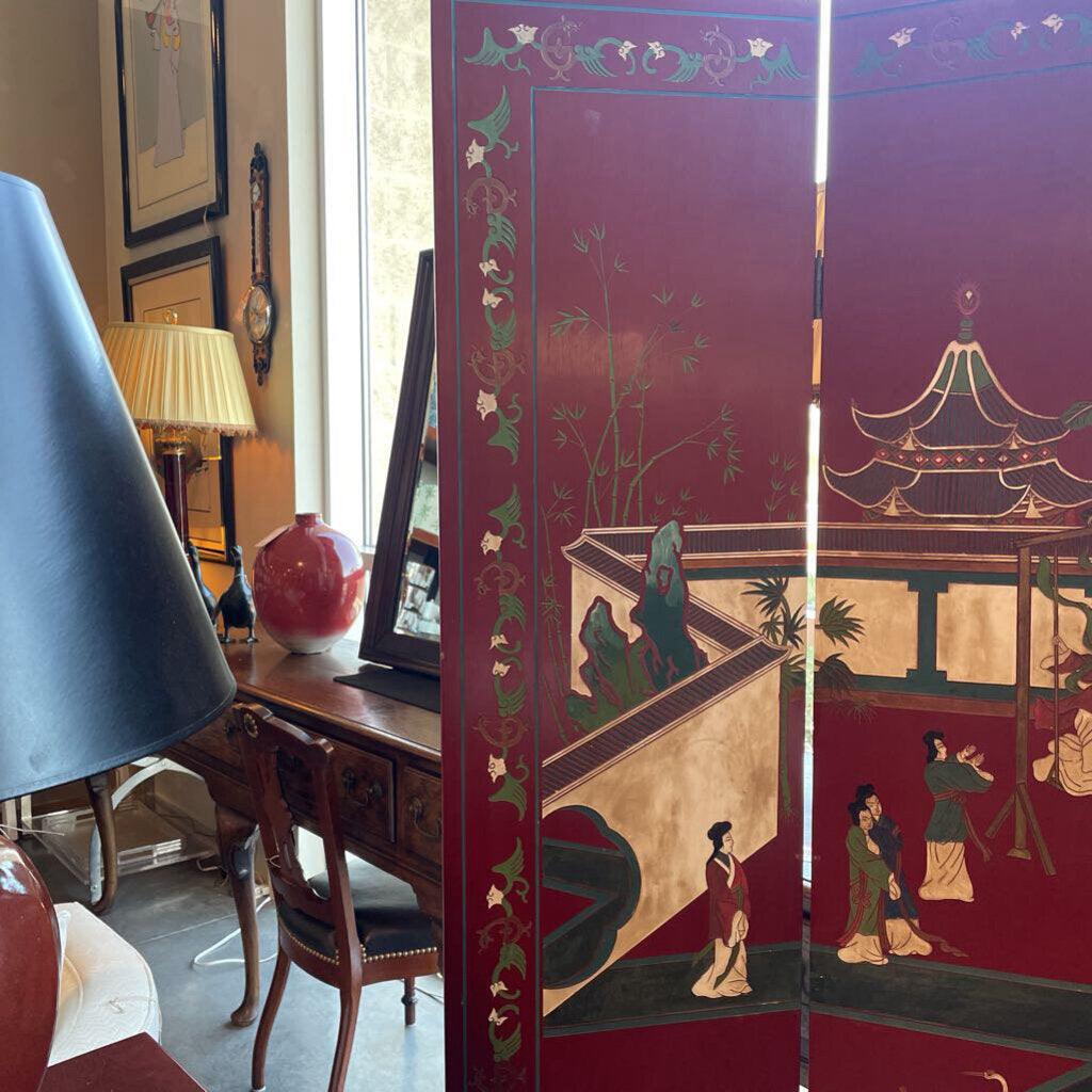 Red Asian Two Sided Carved Wood Screen - 64X1X72H