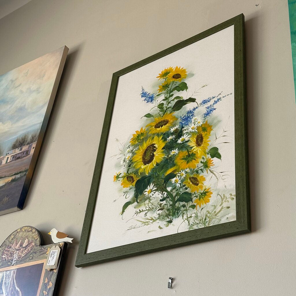 Vintage Signed Edwards Oil On Canvas Sunflower Painting - 26.5X1X38.5