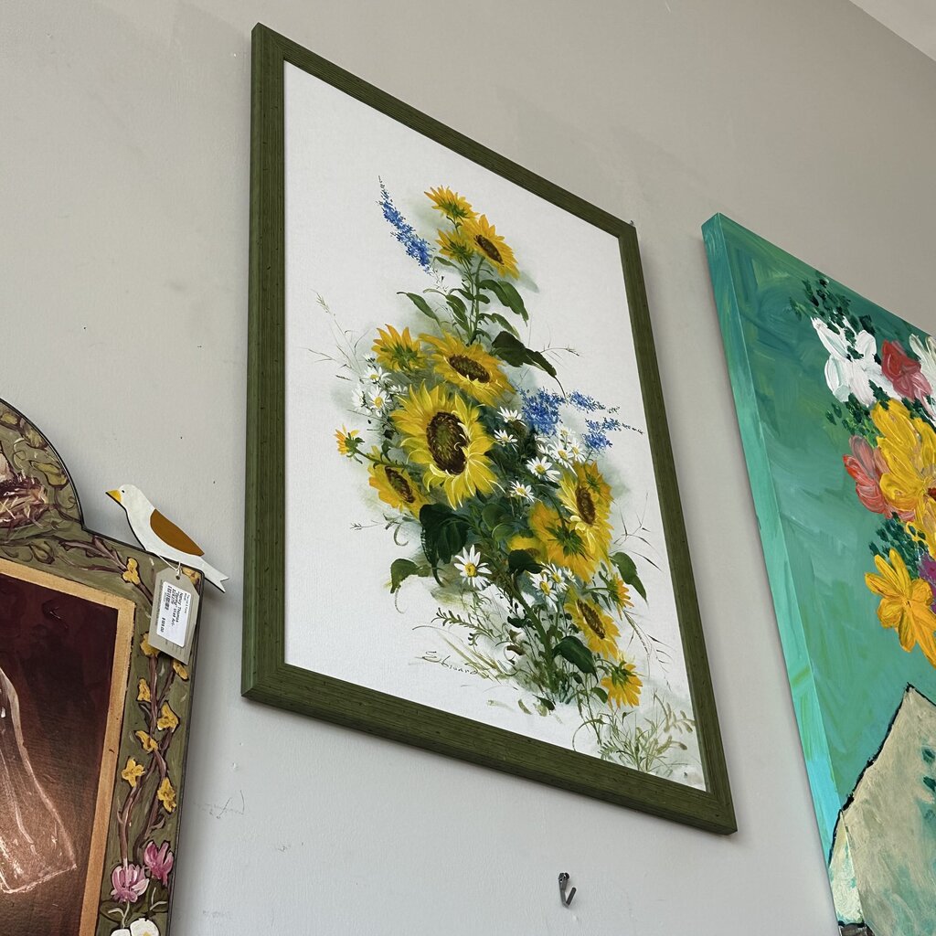 Vintage Signed Edwards Oil On Canvas Sunflower Painting - 26.5X1X38.5