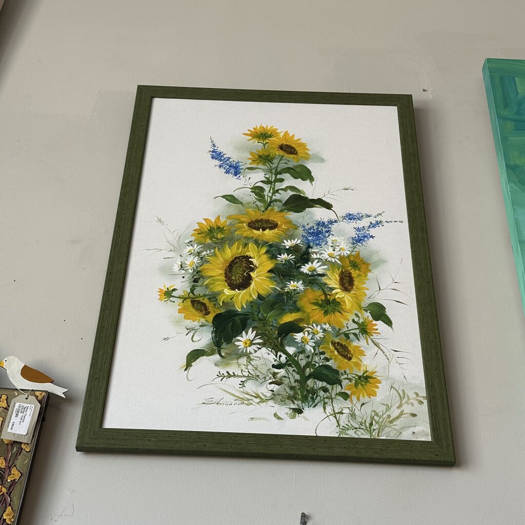 Vintage Signed Edwards Oil On Canvas Sunflower Painting - 26.5X1X38.5