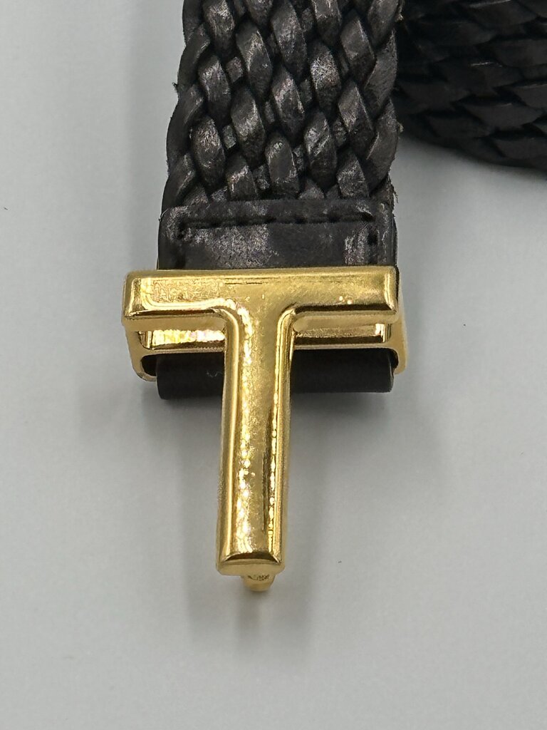 Tom Ford Black Braided Leather T Belt Gold Logo Buckle Size 48 Inches
