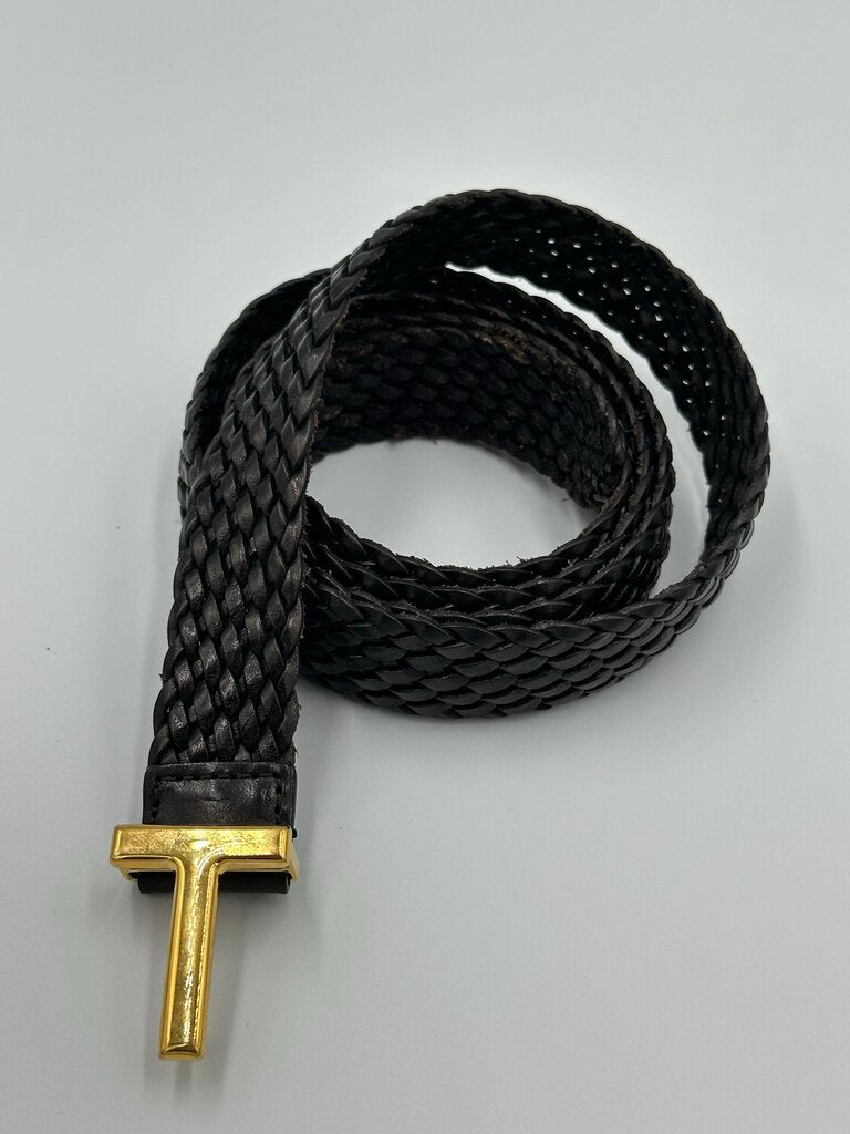 Tom Ford Black Braided Leather T Belt Gold Logo Buckle Size 48 Inches