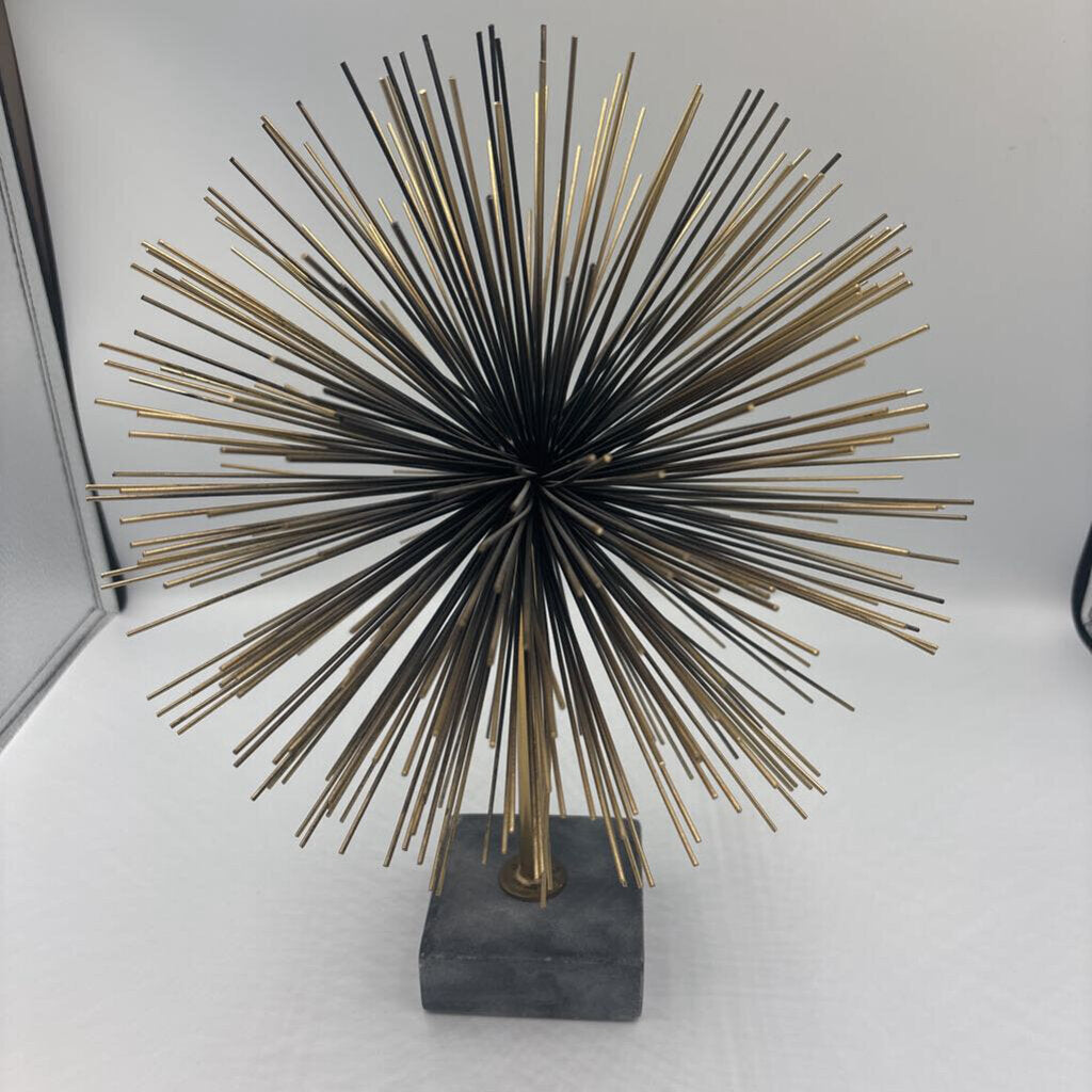 Metal Sea Urchin Gold Color Tipped Pedestal Art On Marble Base - 9X14H