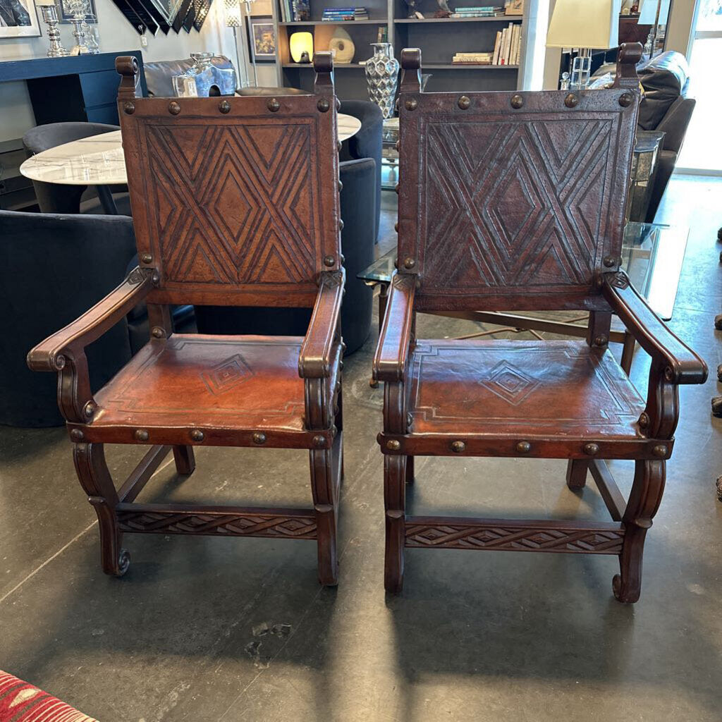 Spanish Colonial Embossed Arm Chairs - Pair - 25X24X47H