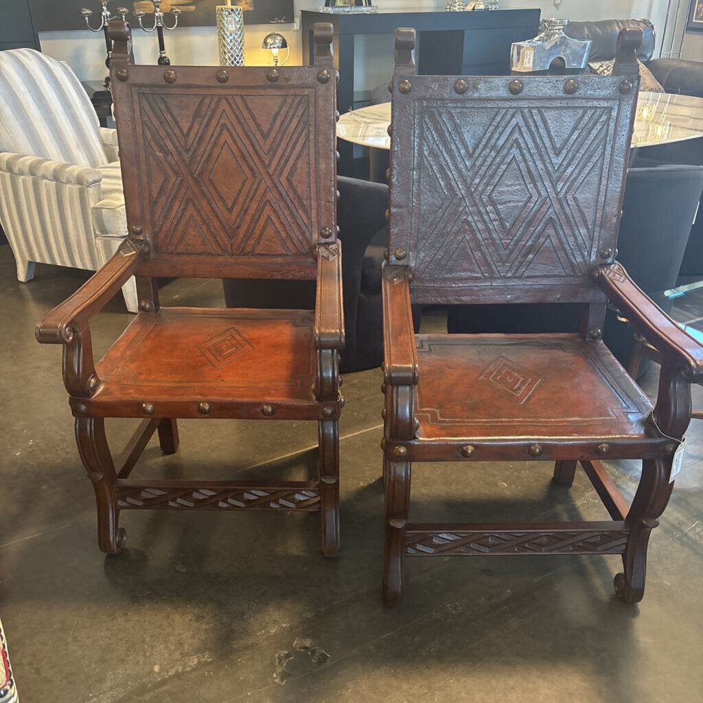 Spanish Colonial Embossed Arm Chairs - Pair - 25X24X47H