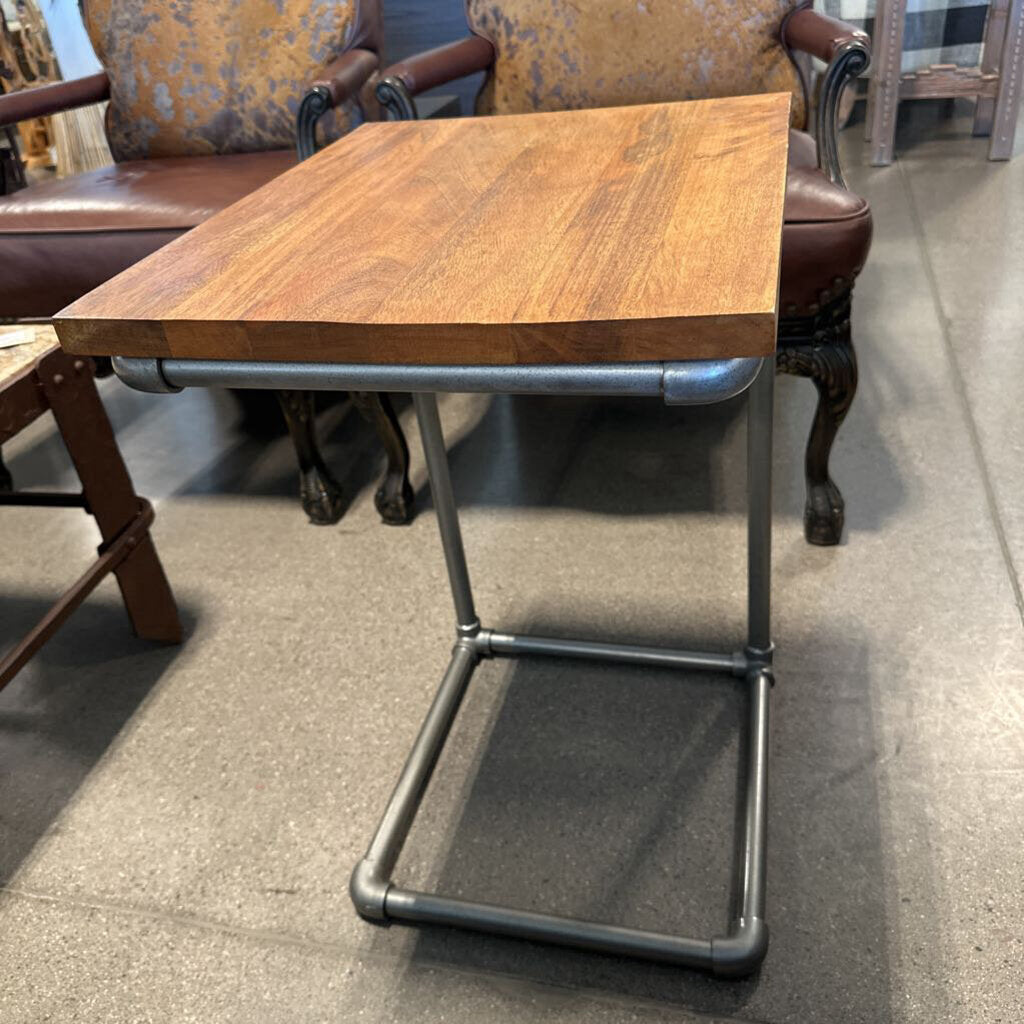 West Elm Side Table W/ Wood-Top & Pipe Base 16X20X26H