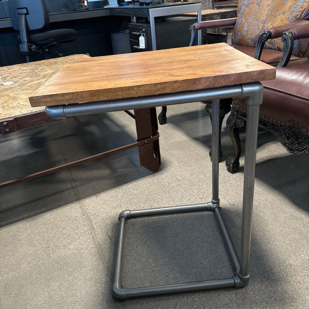 West Elm Side Table W/ Wood-Top & Pipe Base 16X20X26H