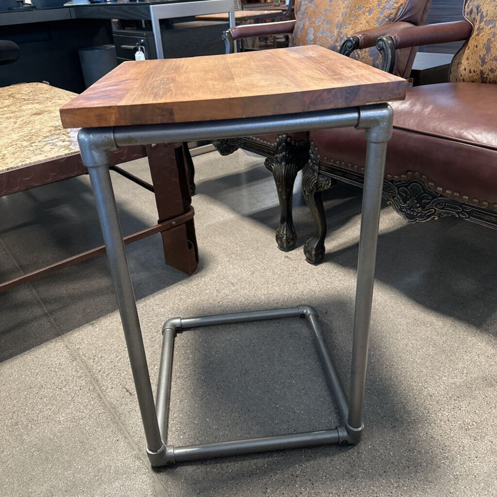 West Elm Side Table W/ Wood-Top & Pipe Base 16X20X26H