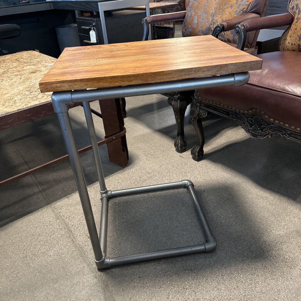 West Elm Side Table W/ Wood-Top & Pipe Base 16X20X26H