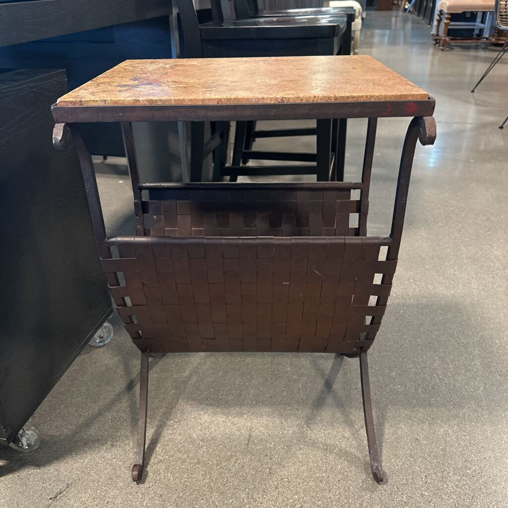 Wrought Iron Magazine Rack Side Table W/ Stone Top 17.5X13.5X25.5H