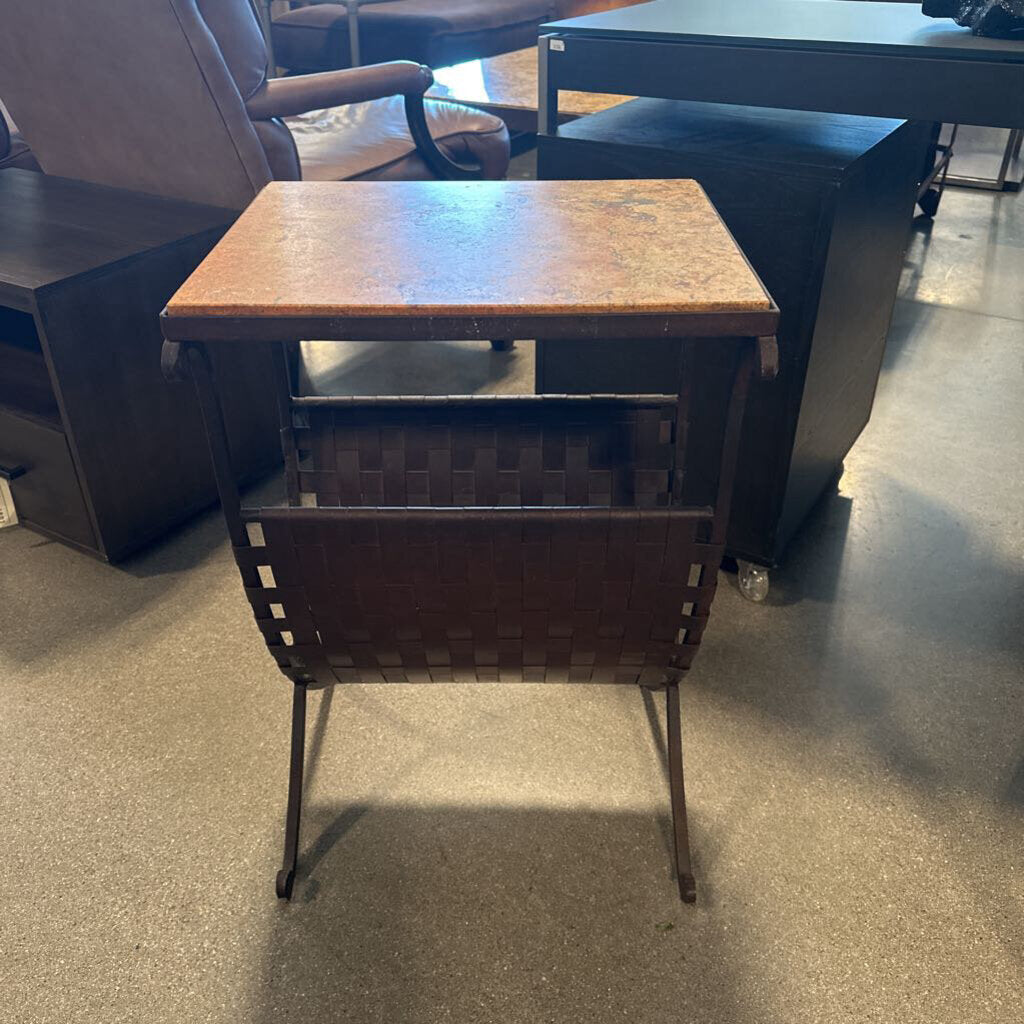 Wrought Iron Magazine Rack Side Table W/ Stone Top 17.5X13.5X25.5H
