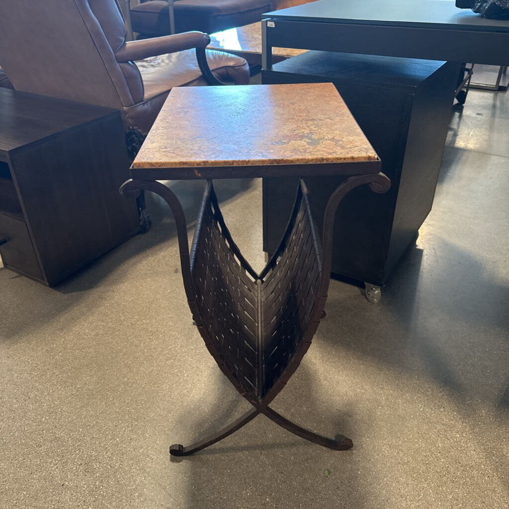 Wrought Iron Magazine Rack Side Table W/ Stone Top 17.5X13.5X25.5H
