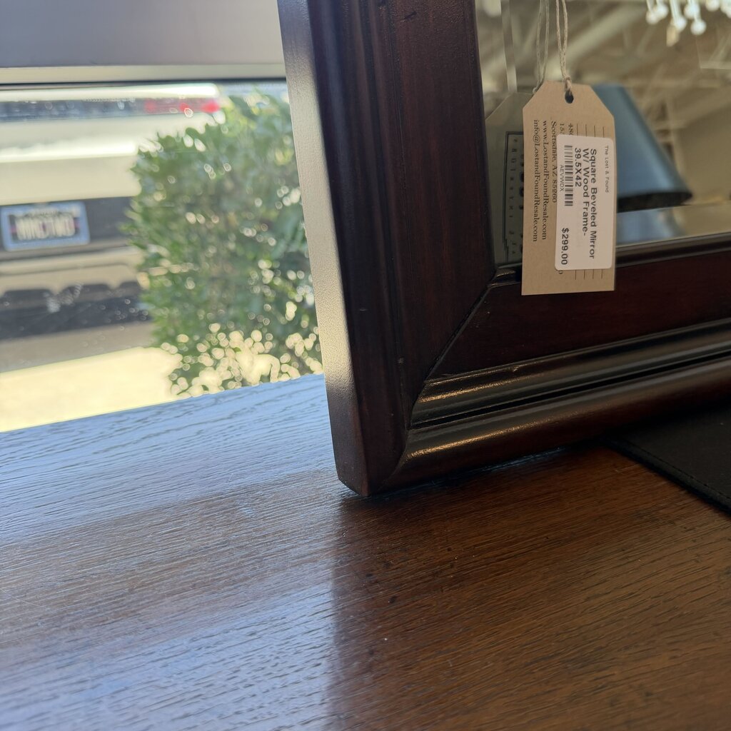 Square Beveled Mirror W/ Wood Frame- 39.5X42