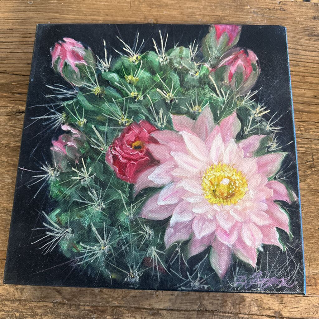 Original Pink Flower Cactus Art By Doris Frignac - 12X1X12H