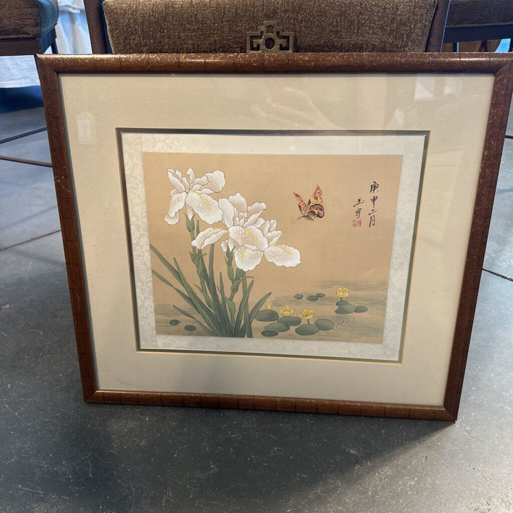 Vintage Asian Floral & Butterfly Art On Silk W/ Gold Frame-20X1X18