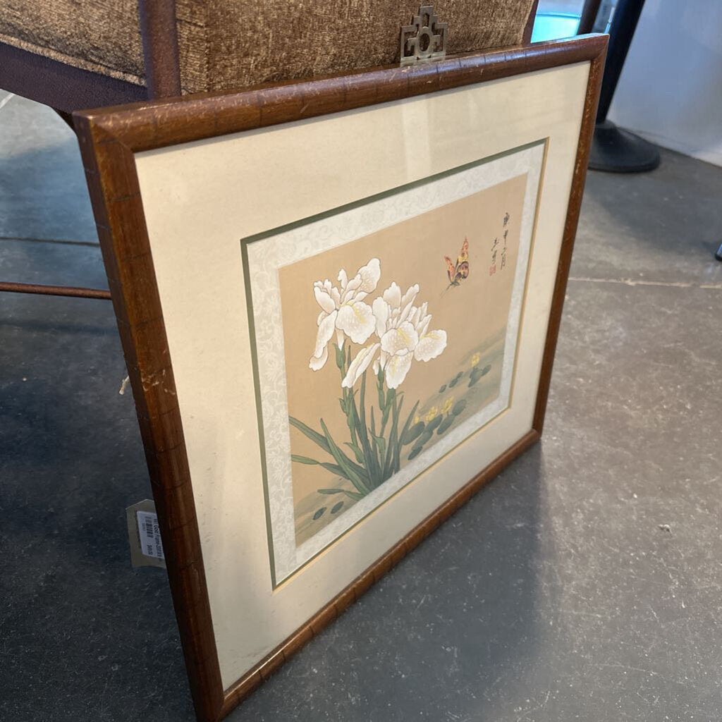 Vintage Asian Floral & Butterfly Art On Silk W/ Gold Frame-20X1X18