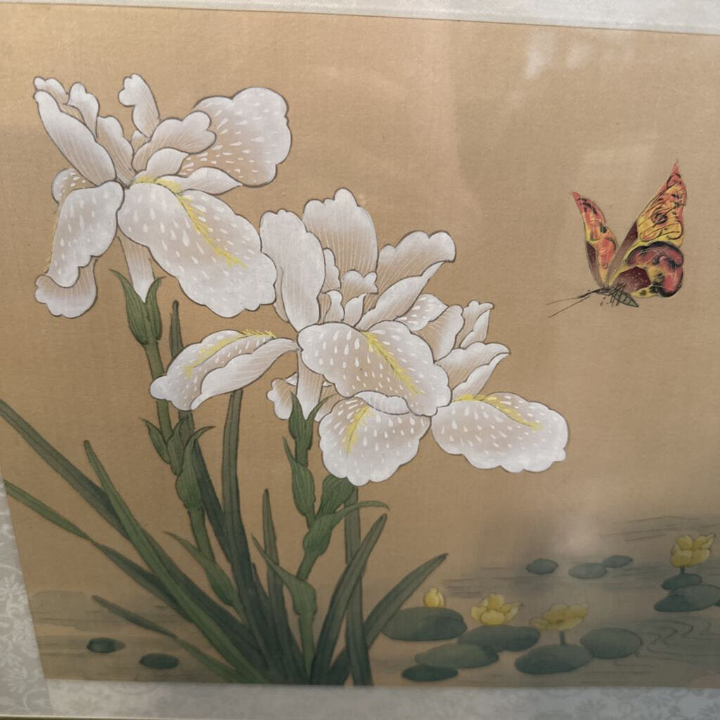 Vintage Asian Floral & Butterfly Art On Silk W/ Gold Frame-20X1X18