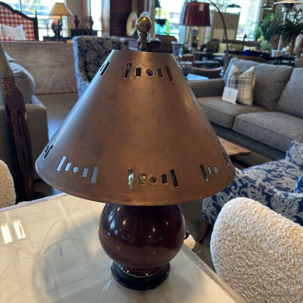 Vintage Burgundy Lamp W/ Tin Shade Accents- 14X21H