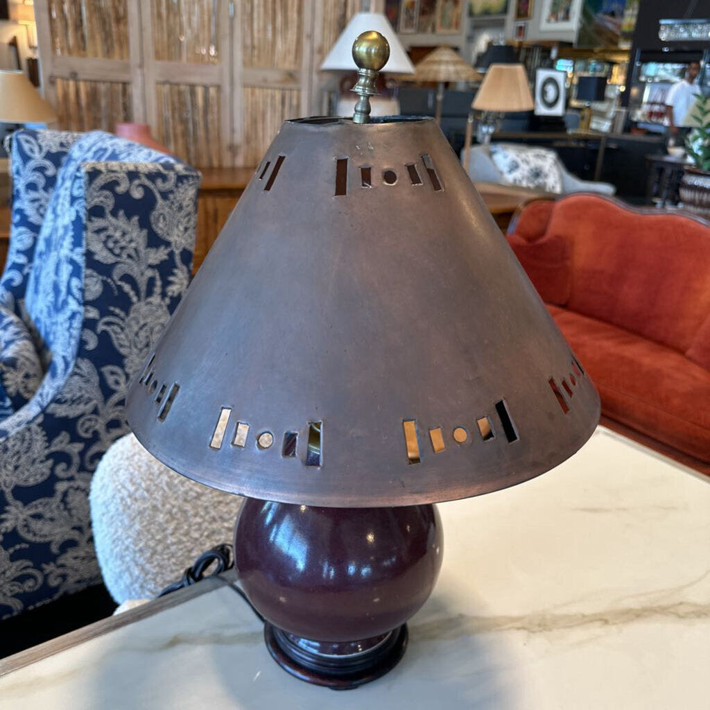Vintage Burgundy Lamp W/ Tin Shade Accents- 14X21H