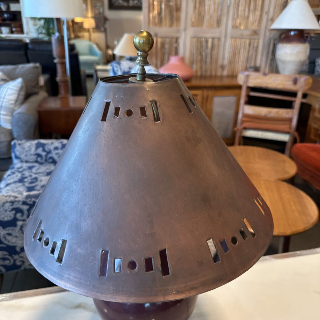 Vintage Burgundy Lamp W/ Tin Shade Accents- 14X21H
