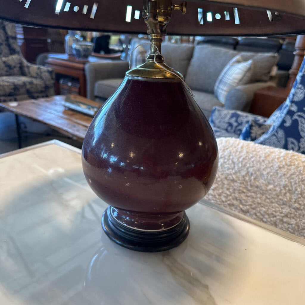 Vintage Burgundy Lamp W/ Tin Shade Accents- 14X21H