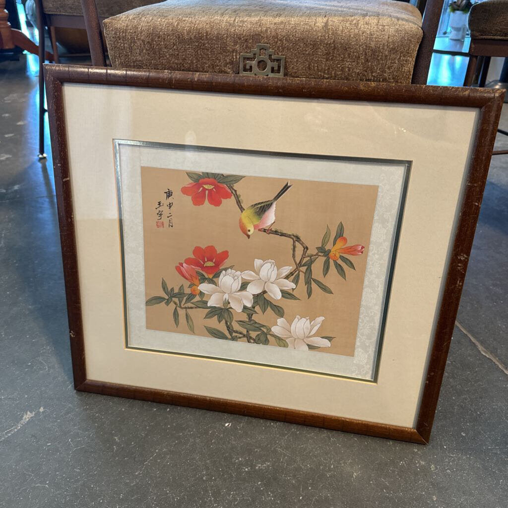 Vintage Asian Floral & Bird Art On Silk W/ Gold Frame - 20X1X18