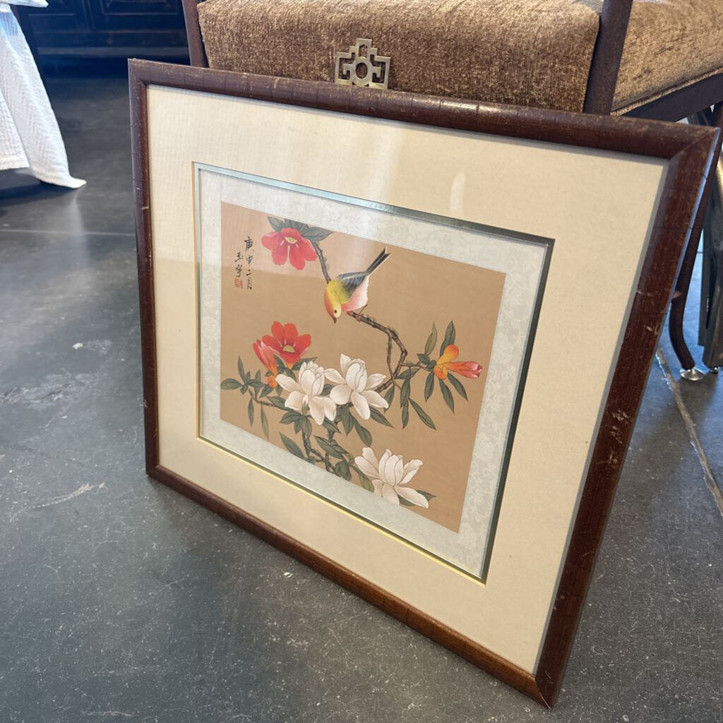Vintage Asian Floral & Bird Art On Silk W/ Gold Frame - 20X1X18