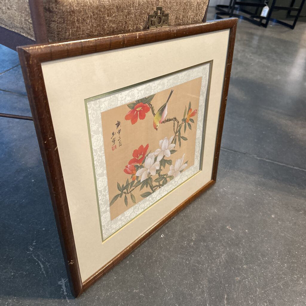 Vintage Asian Floral & Bird Art On Silk W/ Gold Frame - 20X1X18