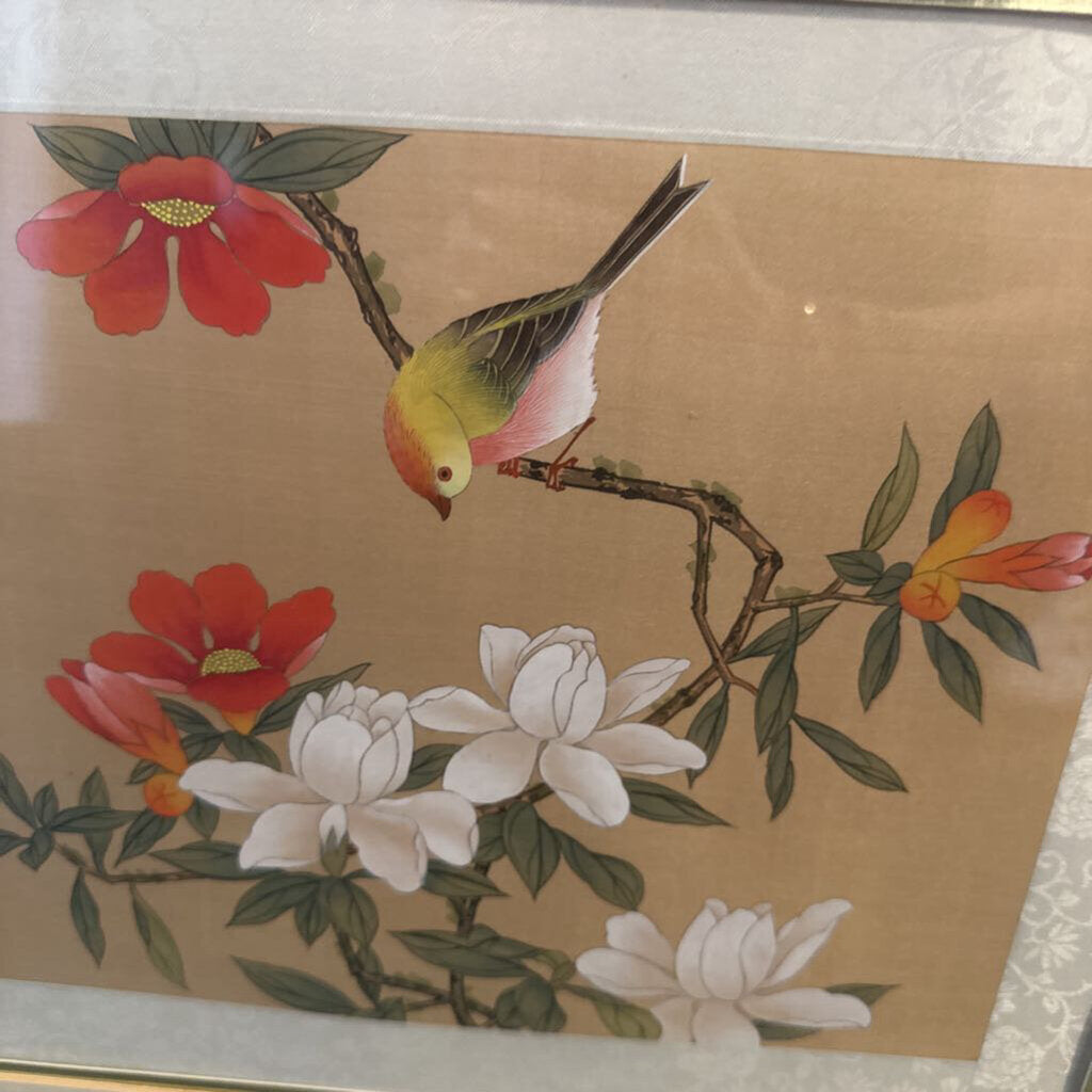 Vintage Asian Floral & Bird Art On Silk W/ Gold Frame - 20X1X18