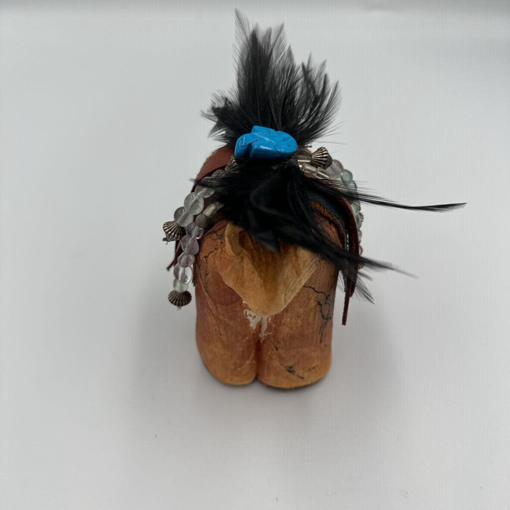 Native American Carved Animal W/ Beads & Feathers- 4X2.5X4H