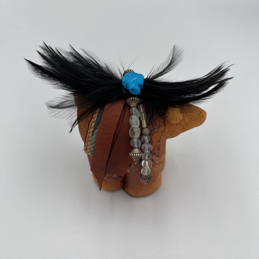Native American Carved Animal W/ Beads & Feathers- 4X2.5X4H