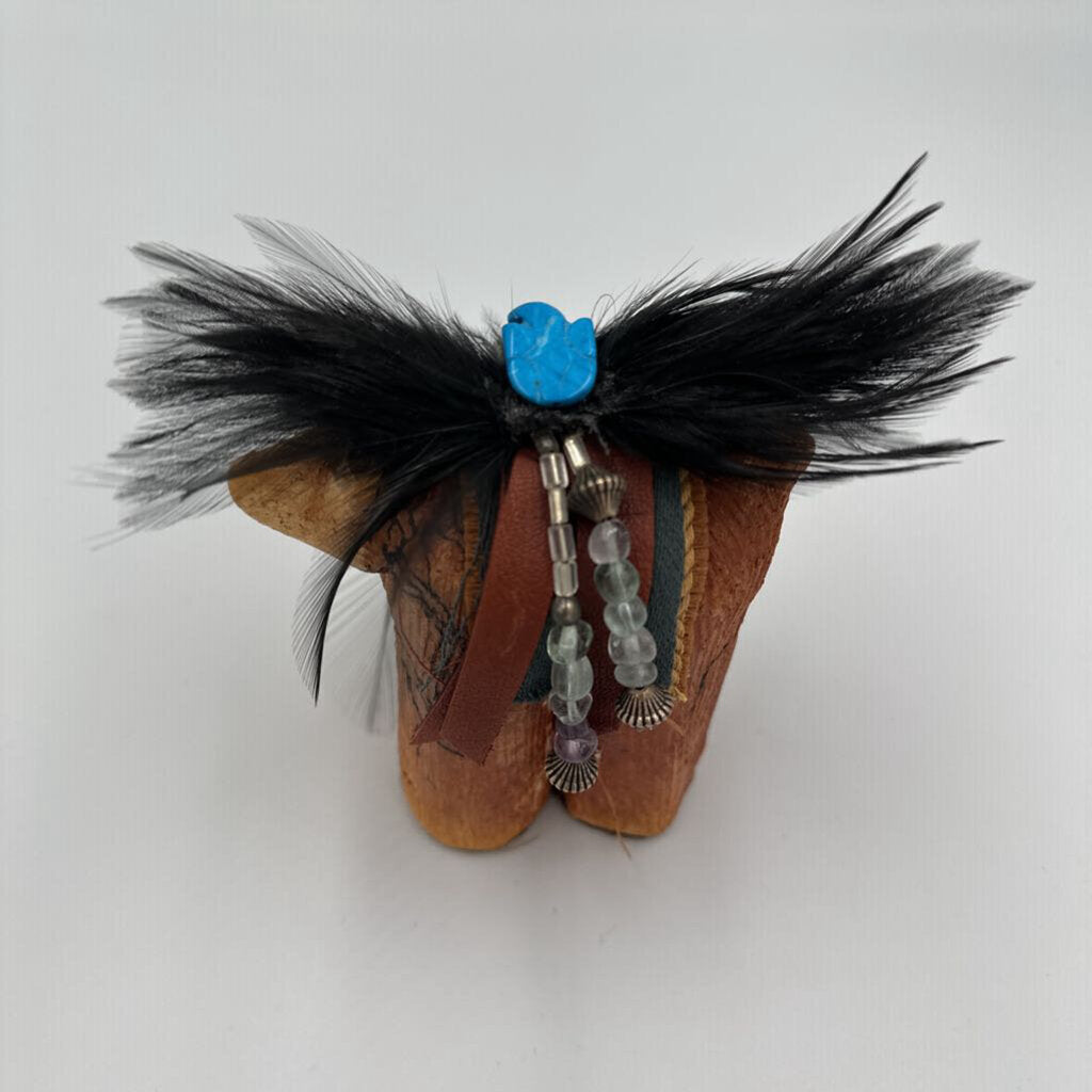 Native American Carved Animal W/ Beads & Feathers- 4X2.5X4H