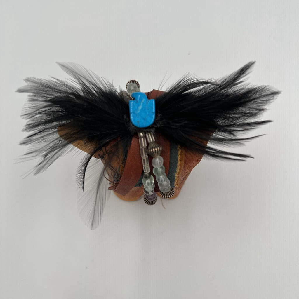 Native American Carved Animal W/ Beads & Feathers- 4X2.5X4H