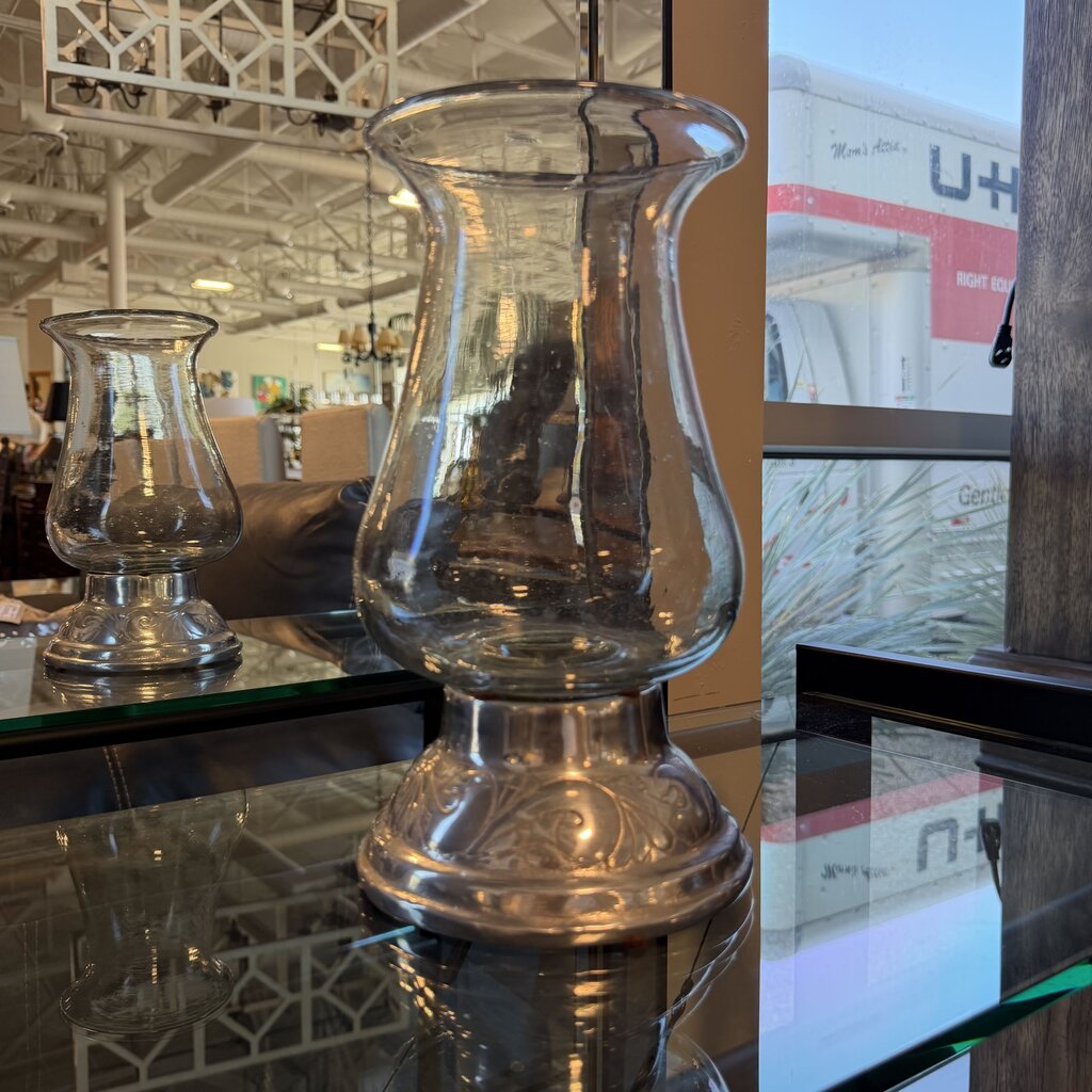 Glass Hurricane Lamp W/ Pewter Vase- 5.5X11H