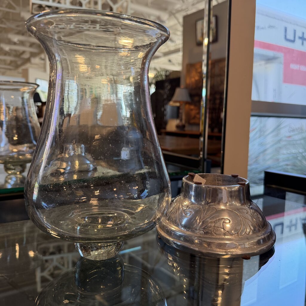 Glass Hurricane Lamp W/ Pewter Vase- 5.5X11H