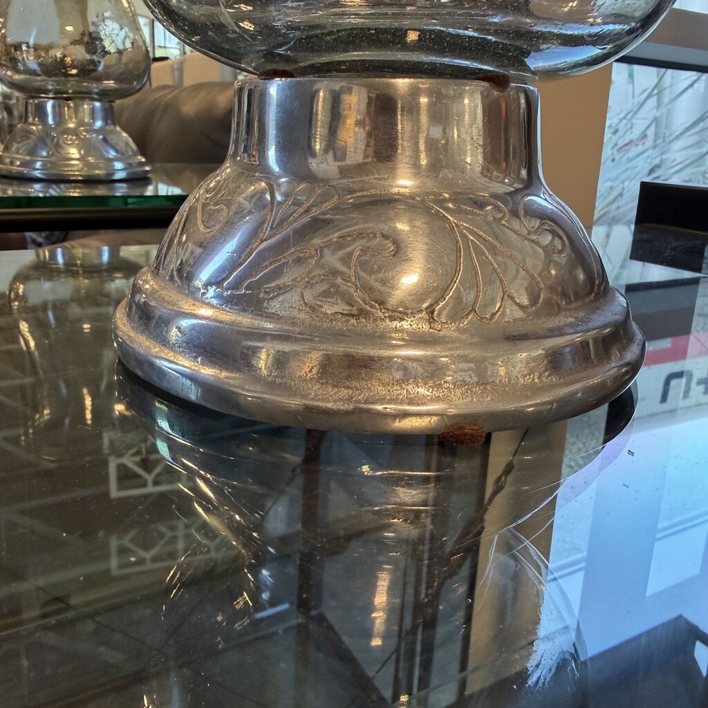 Glass Hurricane Lamp W/ Pewter Vase- 5.5X11H