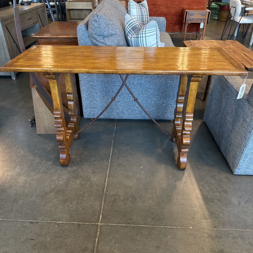 Vintage Wood & Wrought Iron Trestle Table - 54X20X30H