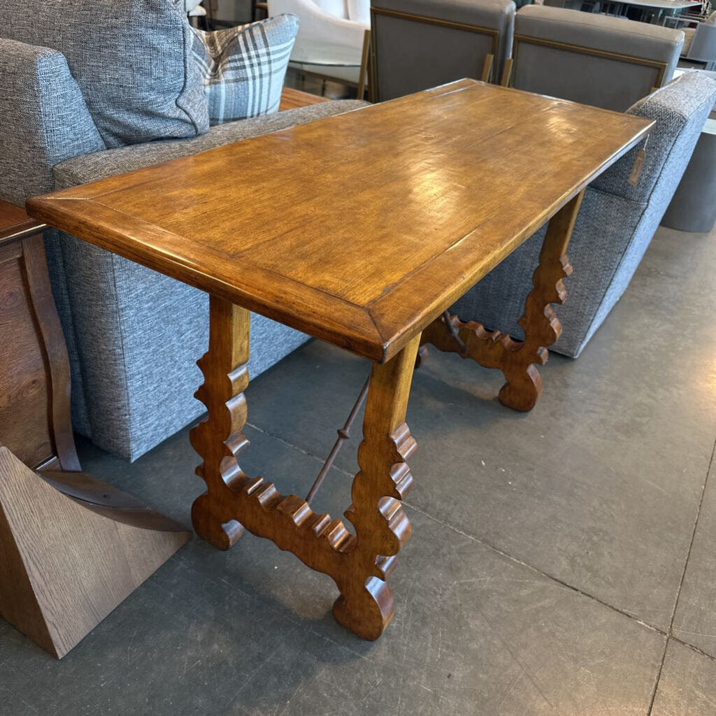 Vintage Wood & Wrought Iron Trestle Table - 54X20X30H