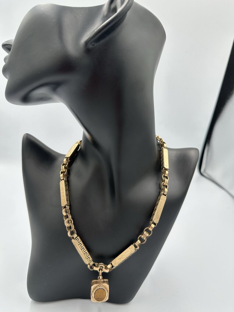 Antique W. & S. B. 18K Rolled Gold Plate Greek Key Book Locket Necklace