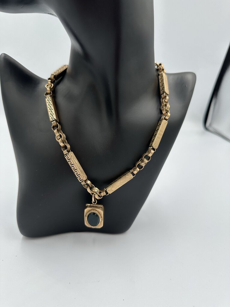 Antique W. & S. B. 18K Rolled Gold Plate Greek Key Book Locket Necklace