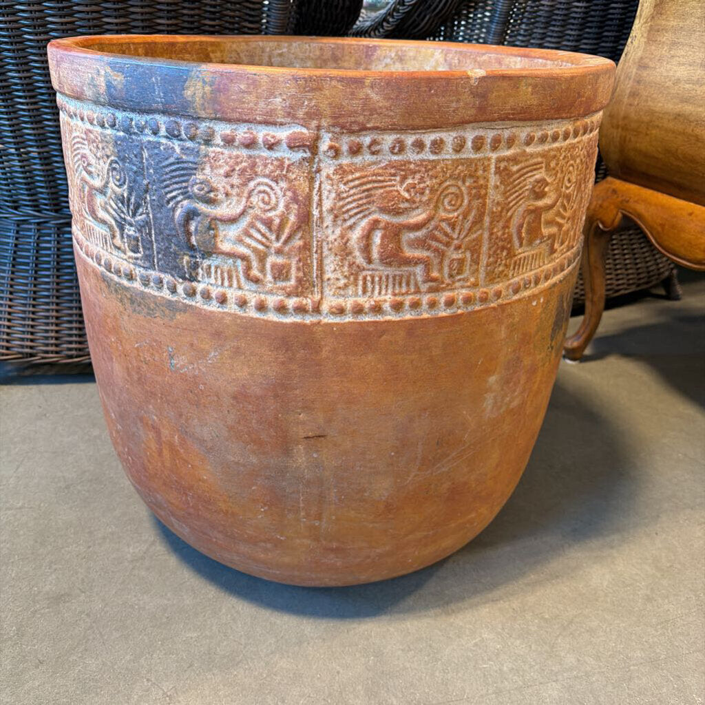 Terracotta Pot W/ Aztec Relief- 22.5X22H