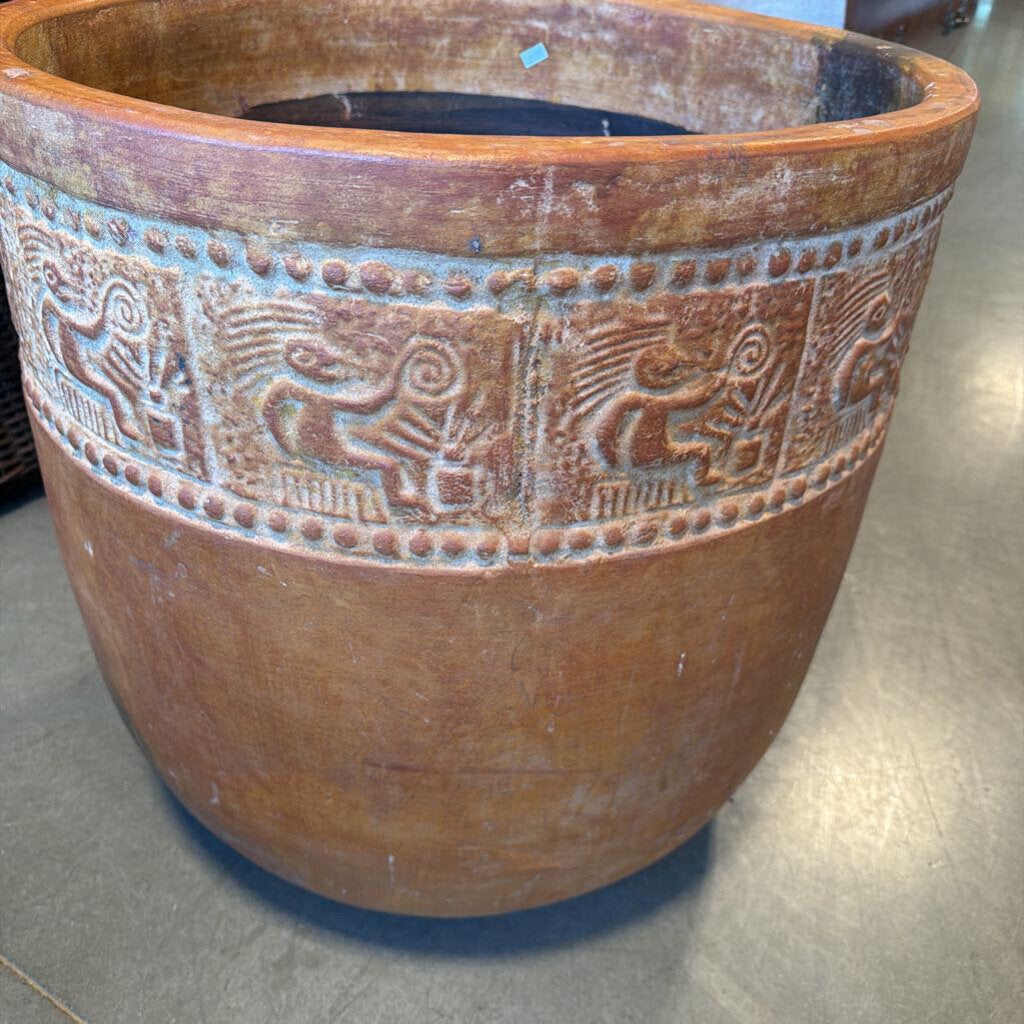 Terracotta Pot W/ Aztec Relief- 22.5X22H